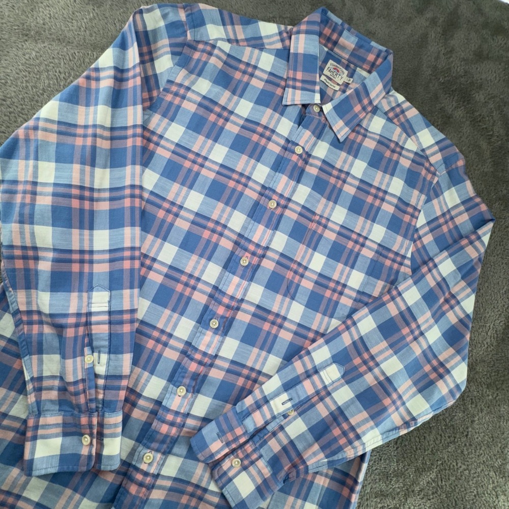 Faherty Plaid Button Down Mens Large‎ Blue Pink Excellent Organic Cotton Shirt